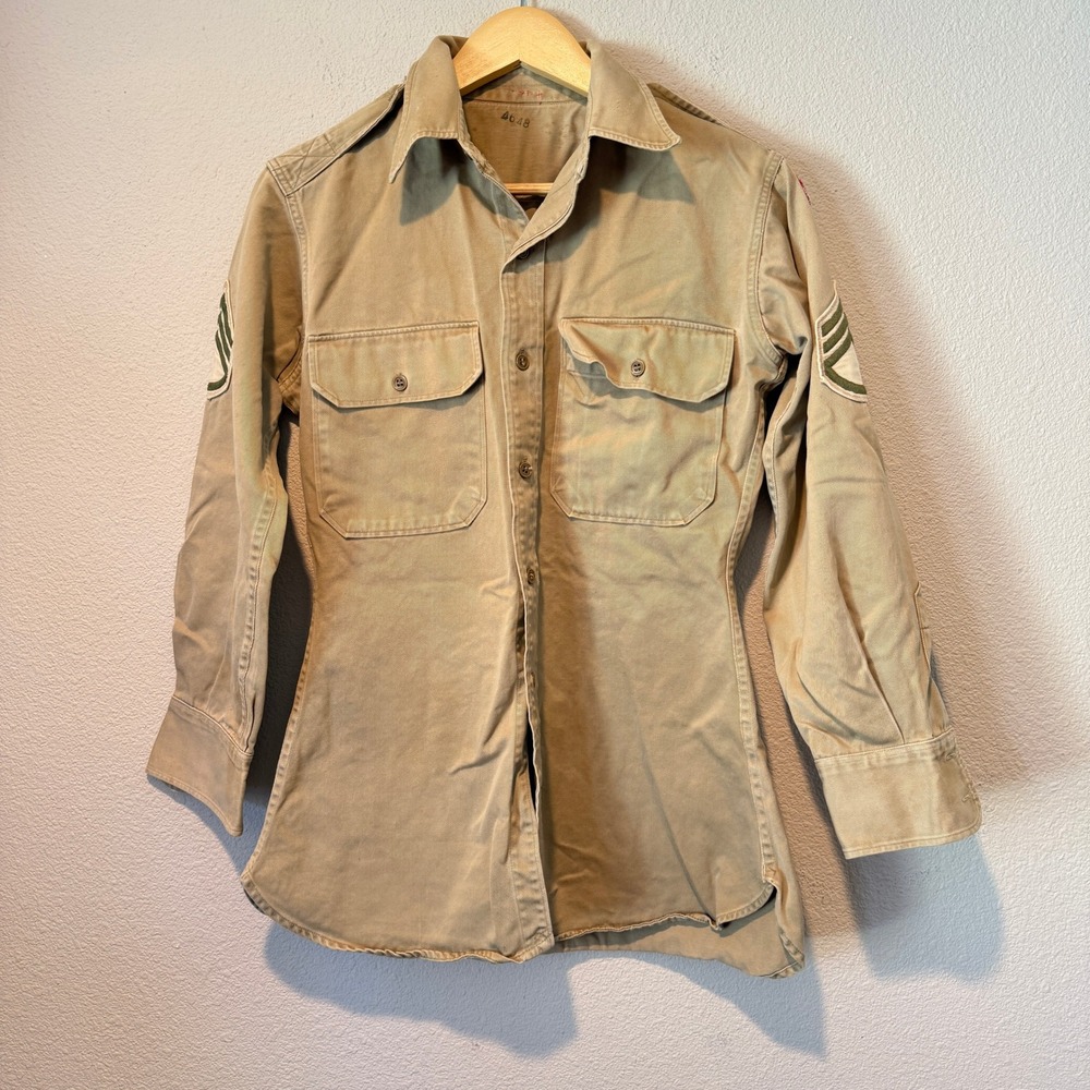 Vintage Military Khaki Cotton Twill Shirt 10th Mountain Division Patches Tan